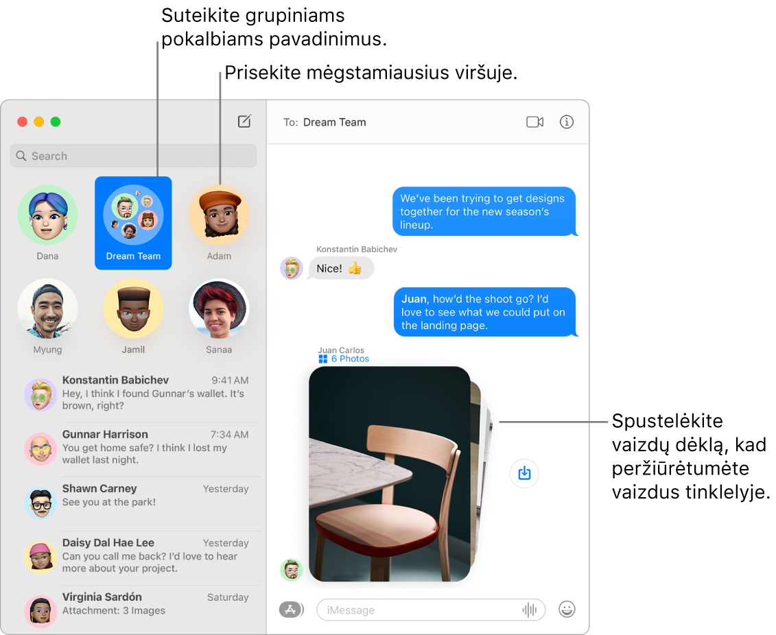 „Messages“ langas ir grupės pokalbis bei asmeniniai pokalbiai, prisegti kairiojo stulpelio viršuje. Pokalbyje dešinėje yra šešių nuotraukų krūva, o šalia jos – mygtukas „Save Photo“.