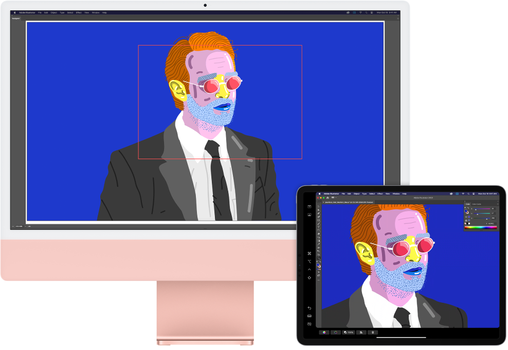 „iMac“ ir „iPad“, padėti vienas šalia kito. „iMac“ programos „Illustrator“ naršymo lange rodomas vaizdas. „iPad“ programos „Illustrator“ dokumento lange rodomas tas pats vaizdas, aplink matomos įrankių juostos.