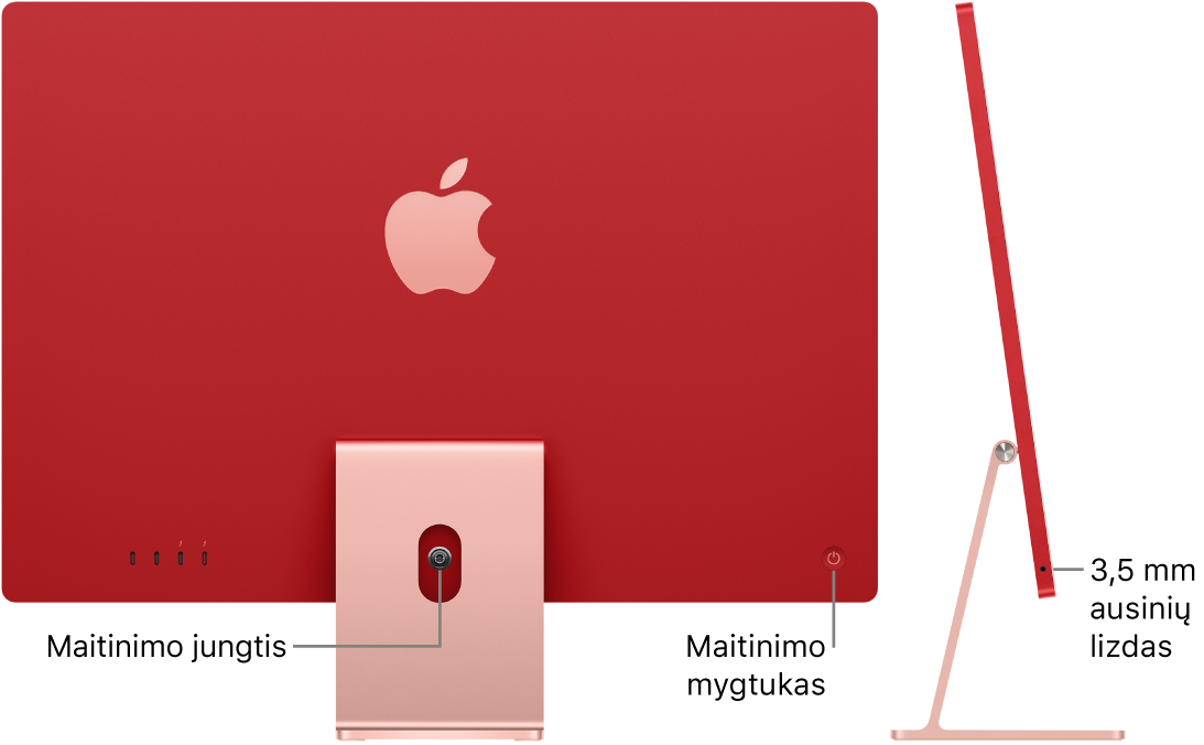 Galinė „iMac“ pusė, matosi maitinimo jungtis ir maitinimo mygtukas. Šalia pateiktas šoninis vaizdas, matosi ausinių lizdas.