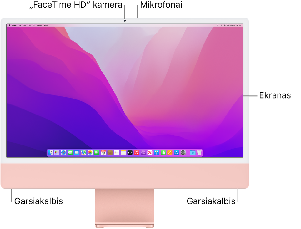 Priekinė „iMac“ pusė, matosi ekranas, vaizdo kamera, mikrofonai ir garsiakalbiai.