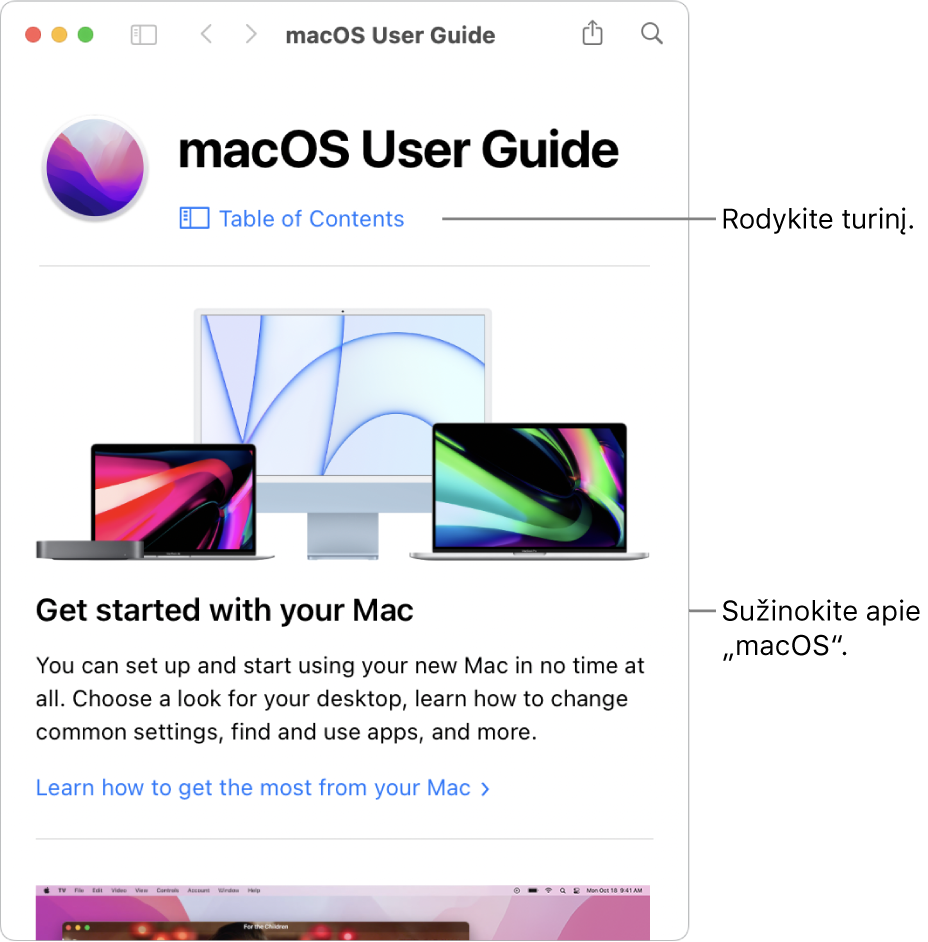 „macOS“ pradžios puslapis, kuriame rodoma turinio nuoroda.