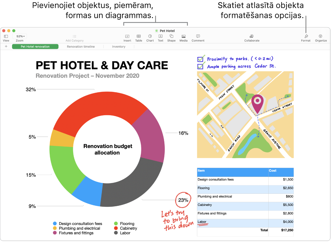 Lietotnes Numbers loga augšā redzama rīkjosla un tās rediģēšanas rīki, poga Collaborate augšējā labajā stūrī un pogas Format un Organize — labajā malā. Sānu josla Format ir atvērta cilnē Charts.