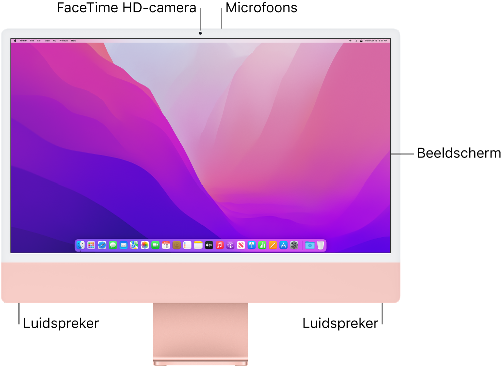 Vooraanzicht van een iMac met het beeldscherm, de camera, de microfoons en de luidsprekers.