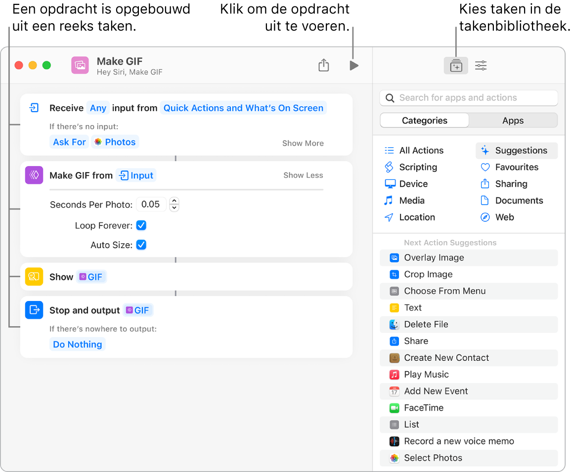 De opdracht-editor voor 'Maak GIF aan' links en de takenbibliotheek rechts.