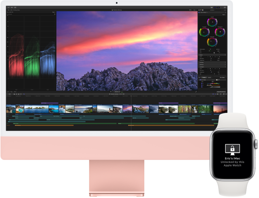 En iMac ved siden av en Apple Watch som viser en melding om at klokken har låst opp Macen.