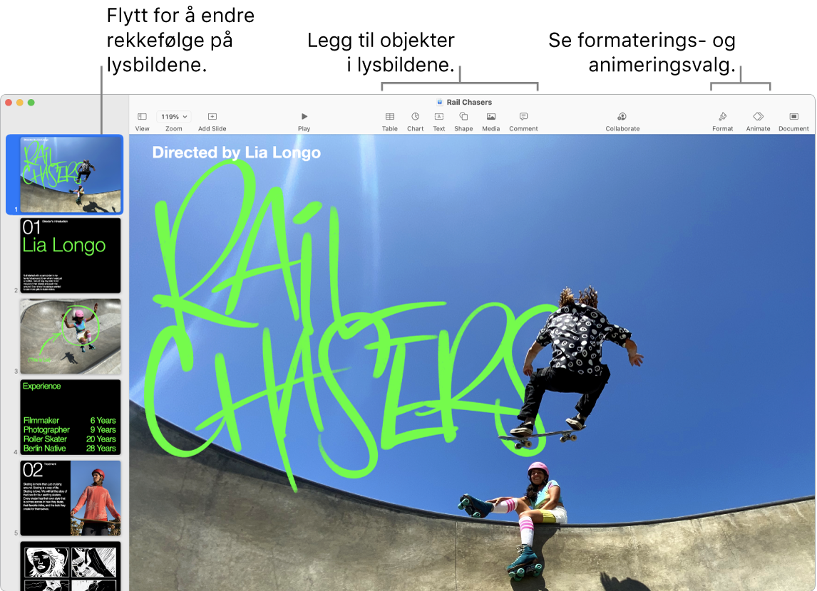 Et Keynote-vindu med lysbildenavigering til venstre og hvordan man endrer rekkefølgen på lysbilder, verktøylinjen og redigeringsverktøyene øverst, Samarbeid-knappen oppe til høyre, og knappene Format, Animer og Dokument helt til høyre.