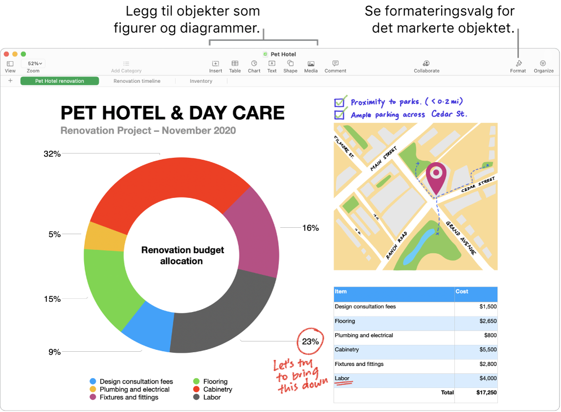 Et Numbers-vindu som viser verktøylinjen og redigeringsverktøyene øverst, Samarbeid-knappen nesten øverst i midten, og Format-knappen og Organiser-knappen til høyre. Format-sidepanelet er åpent og viser fanen Diagram.