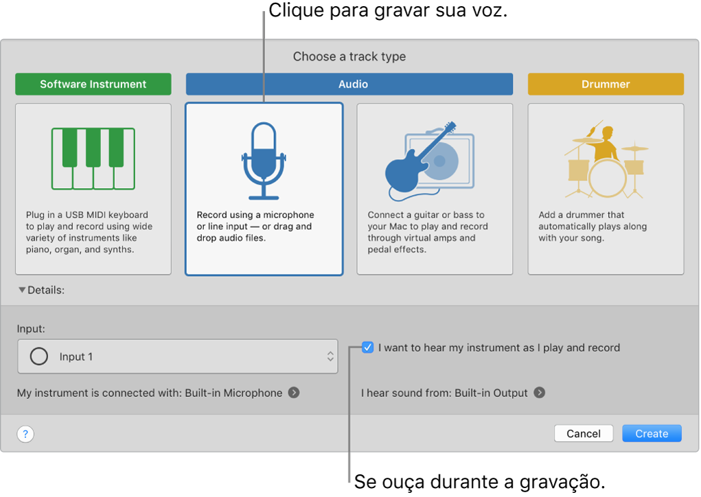 Painel de instrumentos do GarageBand mostrando onde clicar para gravar voz e como se ouvir ao gravar.