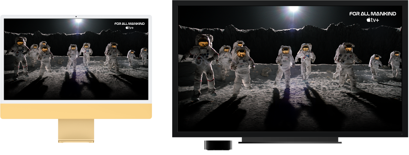 iMac com seu conteúdo espelhado em uma HDTV grande usando uma Apple TV.