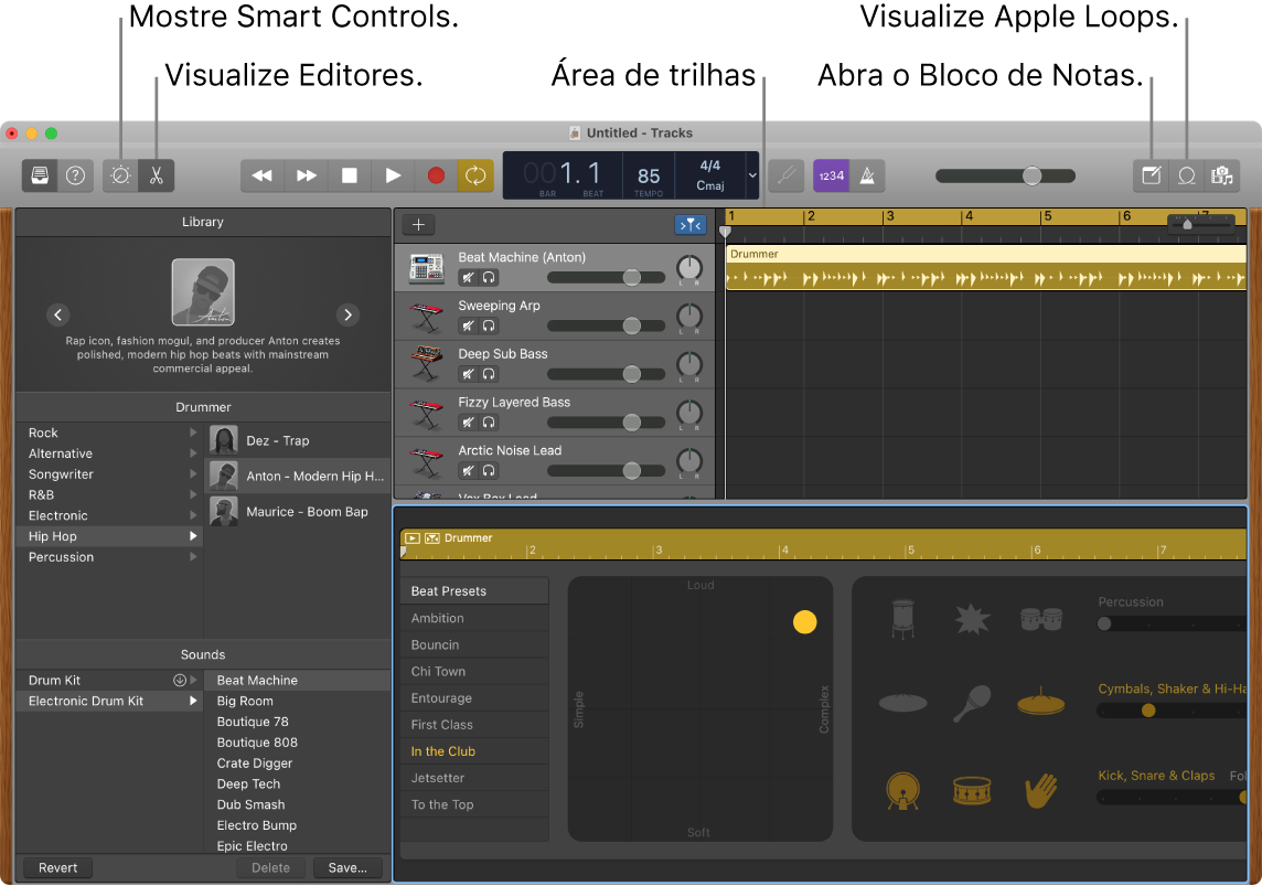 Uma janela do GarageBand mostrando botões para acessar Smart Controls, Editores, Anotações e Apple Loops. Tela de trilhas também são mostradas.