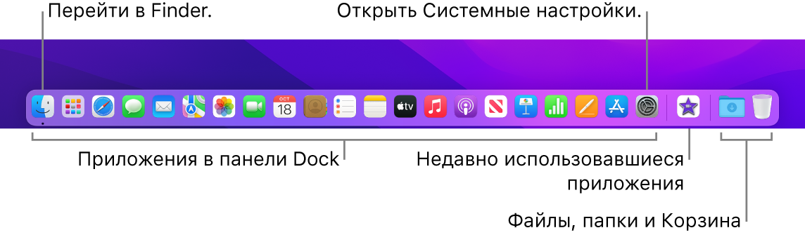 Панель Dock. Показаны значки Finder и Системных настроек, а также линия, отделяющая приложения от папок.