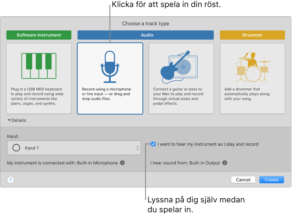 Instrumentpanelen i GarageBand som visar var du ska klicka när du vill spela in en röst och hur du hör dig själv medan du spelar in.