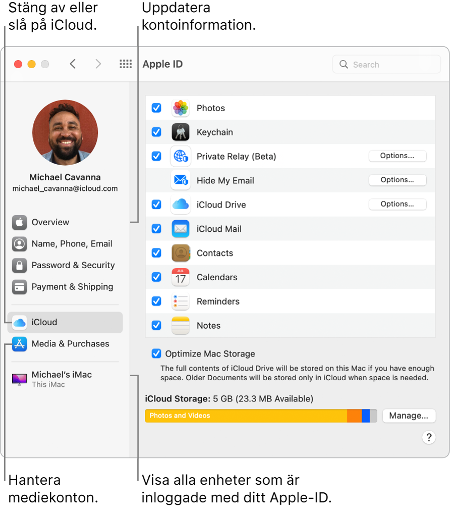 Panelen Apple‑ID i Systeminställningar. Klicka på ett objekt i sidofältet för att uppdatera din kontoinformation, slå på eller stänga av iCloud, hantera mediekonton och se alla enheter där du är inloggad med ditt Apple‑ID.