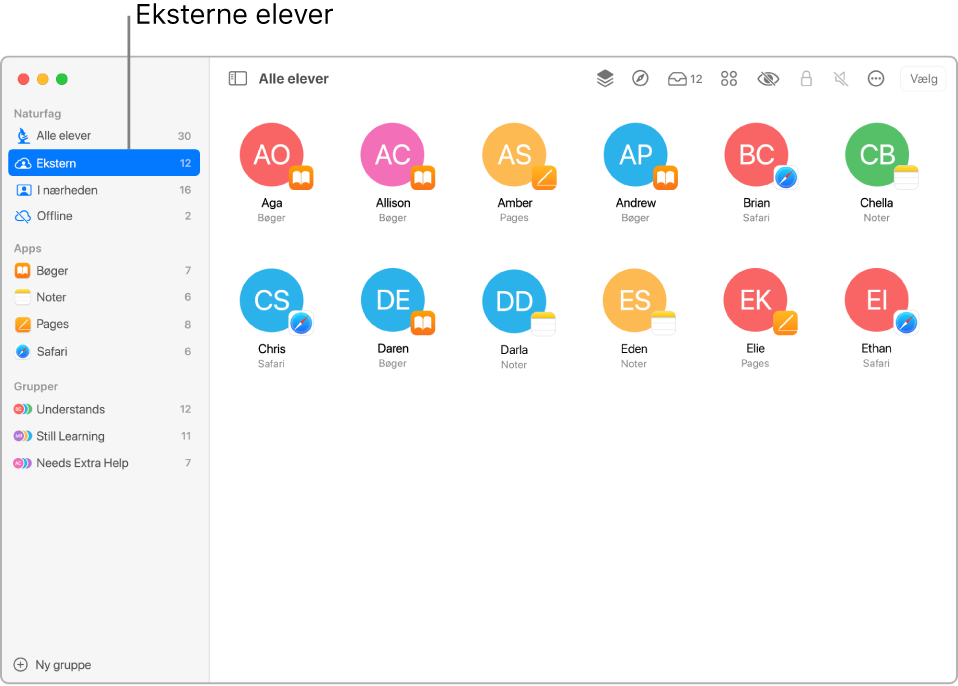 Et skærmbillede, der viser et eksternt fag med elever, der bruger hver deres app.