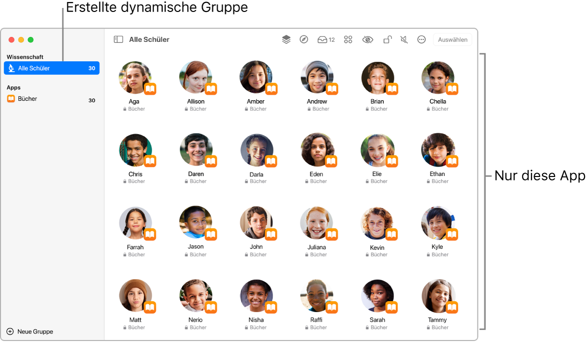 Das Fenster der App „Classroom“ mit einer Gruppe von Schülern, für die eine App im geöffneten Zustand gesperrt ist.