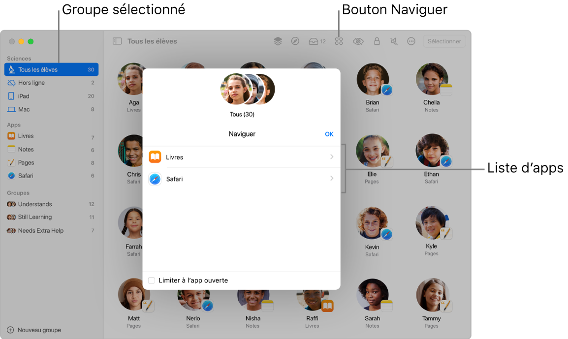 Fenêtre En classe mettant en évidence le bouton Naviguer et un groupe d’élèves sélectionné. La sous-fenêtre de navigation affiche deux destinations : Livres et Safari.