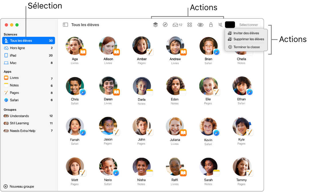 La fenêtre principale d’En classe sur le Mac, affichant des actions pouvant être réalisées près du haut de la fenêtre.