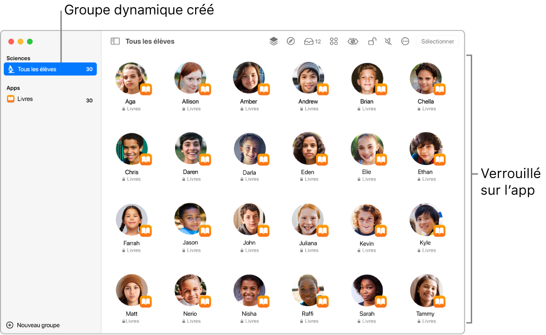 Fenêtre En classe affichant un groupe d’élèves « verrouillé » dans une app.