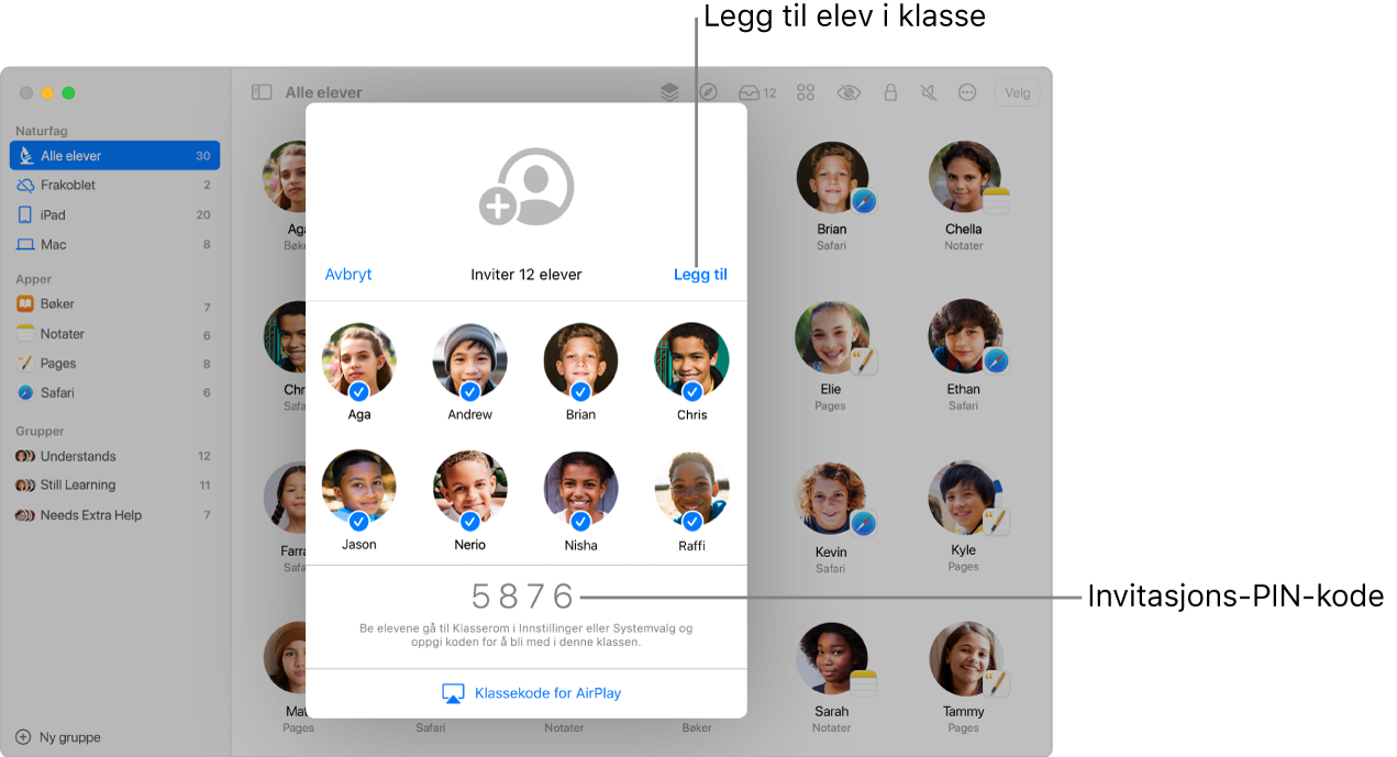 Klasserom-skjermen som viser elever som inviteres til å bli med i en klasse, og invitasjonskoden som brukes til å bli med.