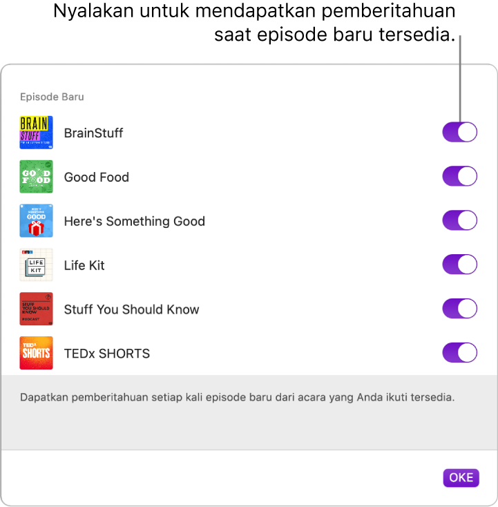 Jendela pemberitahuan. Klik pengalih untuk mendapatkan pemberitahuan saat episode baru tersedia.