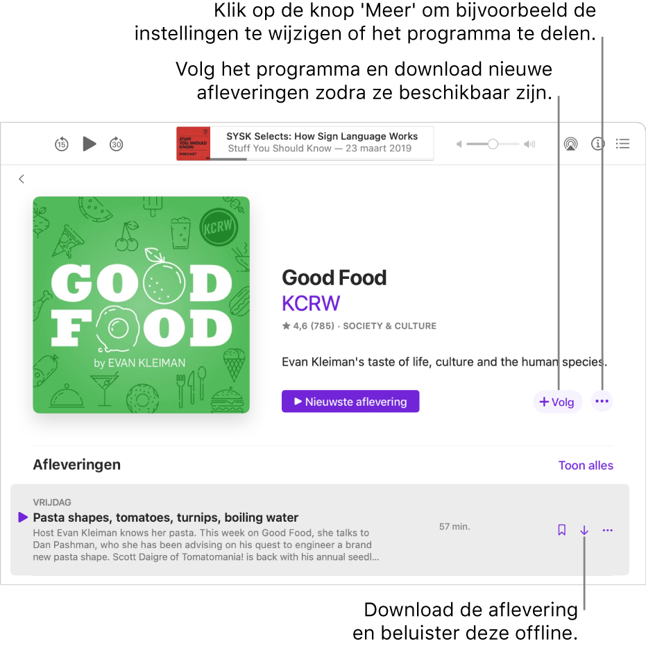 Het scherm met programmadetails. Klik op 'Volg' om nieuwe afleveringen te ontvangen zodra die beschikbaar zijn. Klik op de knop 'Meer' om onder andere instellingen te wijzigen en het programma te delen. Download de aflevering als je deze offline wilt beluisteren wanneer je niet verbonden bent met het internet.