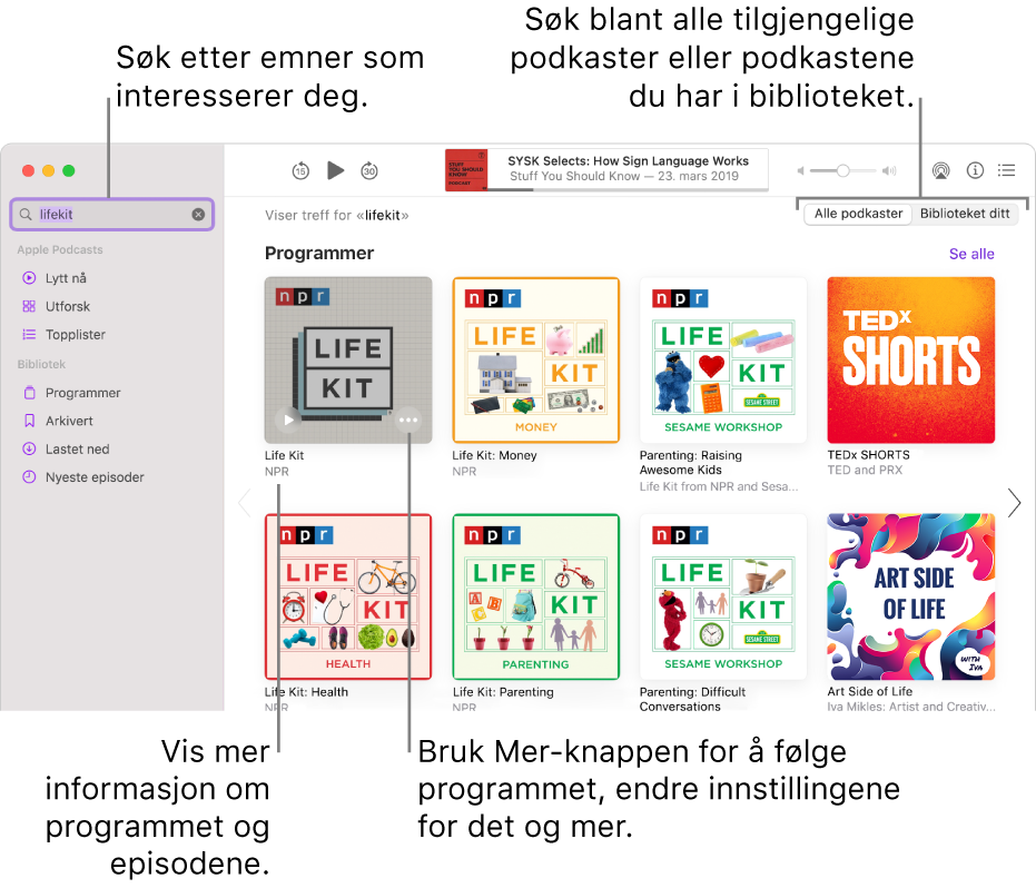 Podkaster-vinduet der tekst er skrevet inn i søkefeltet øverst til venstre og et søk etter alle podkaster som viser treff på episoder og programmer på skjermen til høyre. Klikk på lenken nedenfor programmet for å vise detaljer om programmet og episodene. Bruk programmets Mer-knapp til å følge programmet, endre innstillinger for det og mer.