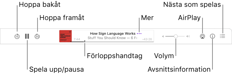 Överkanten av Podcaster-fönstret som visar ett avsnitt som spelas upp och uppspelningsreglagen: Hoppa bakåt, pausa, hoppa framåt, förloppshandtaget, mer, volym, AirPlay, avsnittsanteckningar och nästa som spelas.