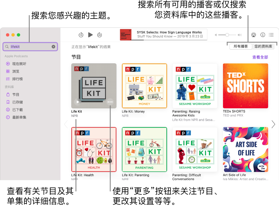 “播客”窗口，显示左上角的搜索栏中输入了文本，且与搜索所有播客的条件相匹配的单集和节目显示在屏幕右侧。点按节目下方的链接以查看节目及其单集的详细信息。使用节目的“更多”按钮以关注节目、更改其设置等。