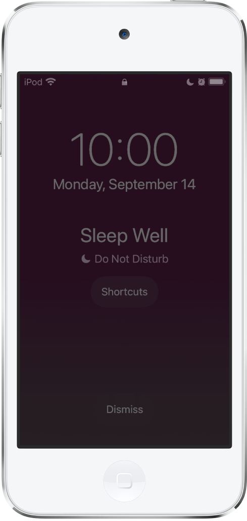 Displej iPodu touch s nápisy „Dobře se vyspěte” a „Je zapnutá funkce Nerušit“ uprostřed. Pod nimi se zobrazuje tlačítko Zkratky. U dolního okraje je umístěné tlačítko Zavřít.