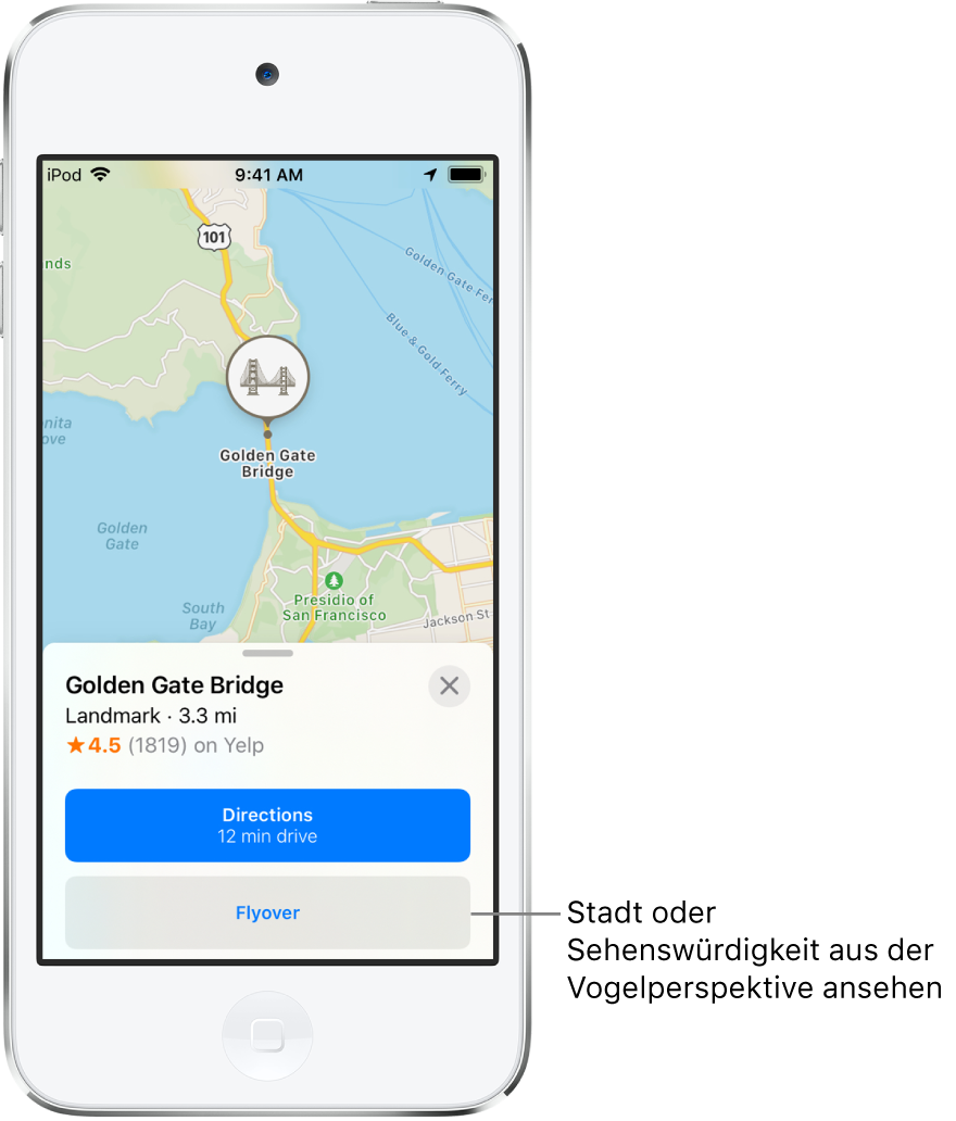 Eine Informationskarte für die Golden Gate Bridge zeigt eine Taste „Flyover“ unter einer Taste „Route“.