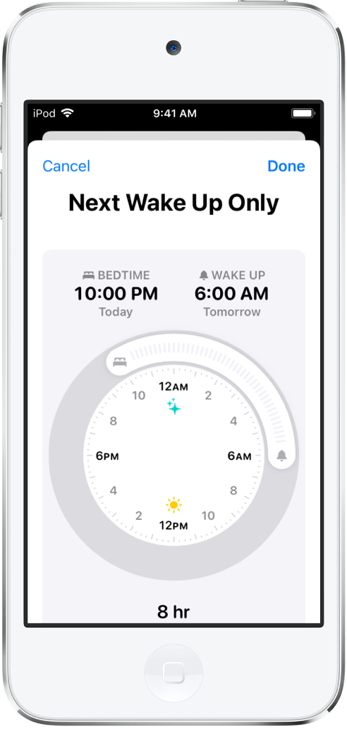 The setup screen for Sleep in the Health app for Next Wake Up Only. There’s a clock in the middle of the screen; Bedtime is set for 10:00 p.m. and wake up is set for 6:00 a.m.