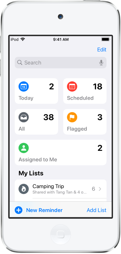 A screen showing several lists in Reminders. Smart lists appear at the top for reminders due today, scheduled reminders, all reminders, and flagged reminders. The Add List button is at the bottom right.