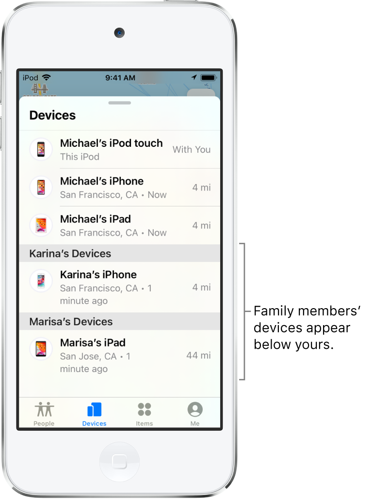 The Devices tab in Find My. Michael’s devices are at the top of the list. Below are Karina’s iPhone and Marisa’s iPad.