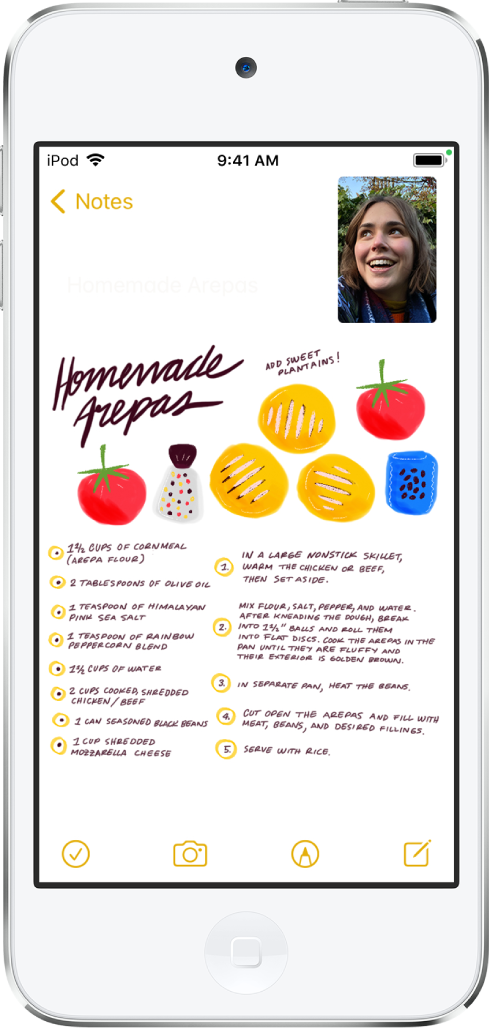 A screen showing a FaceTime conversation in the top-right corner while the Notes app fills the rest of the screen.