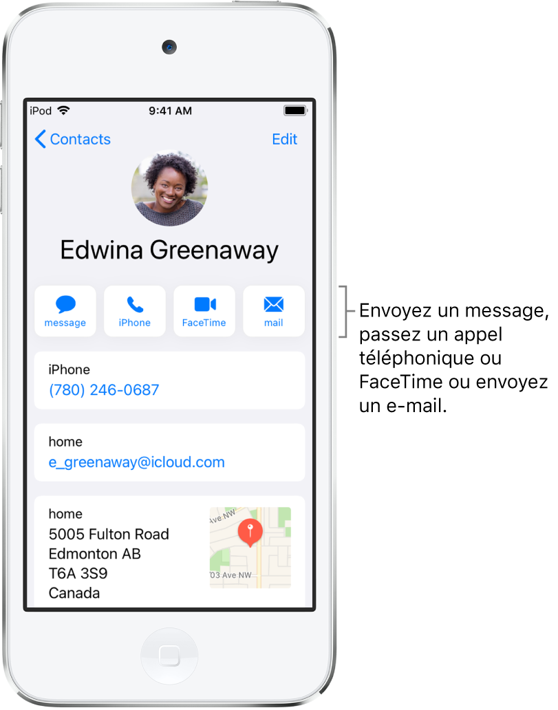 L’écran Infos pour un contact. Le nom et la photo du contact se trouvent en haut. En dessous se trouvent les boutons pour envoyer un message, passer un appel, passer un appel FaceTime et envoyer un message par e-mail. Sous les boutons se trouvent les coordonnées du contact.