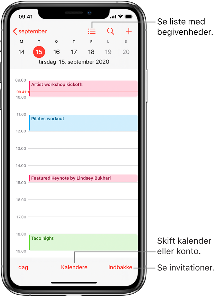 En kalender i dagsoversigt med dagens begivenheder. Tryk på knappen Kalendere nederst på skærmen for at ændre kalenderkonti. Tryk på knappen Indbakke nederst til højre for at se invitationer.