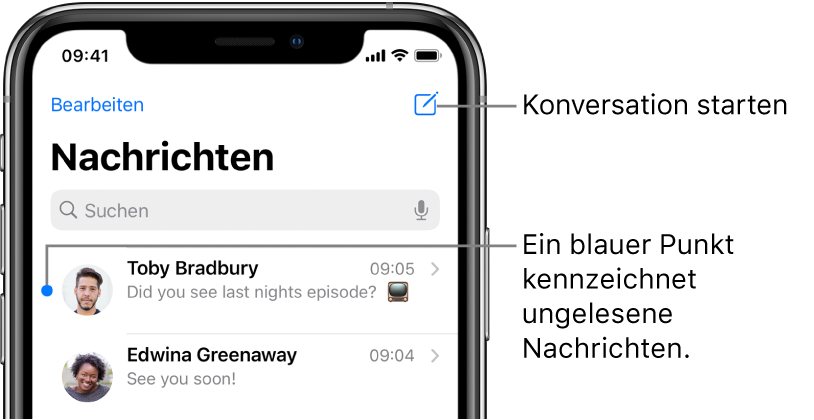 Die Liste der Nachrichten mit der Taste „Bearbeiten“ oben links und der Taste „Erstellen“ oben rechts. Ein blauer Punkt links neben einer Nachricht besagt, dass die betreffende Nachricht noch nicht gelesen wurde.