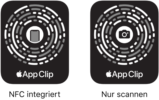 Links ist ein NFC-integrierter App Clip-Code mit einem iPhone-Symbol in der Mitte zu sehen. Rechts ist ein scanbarer App Clip-Code mit einem Kamerasymbol in der Mitte zu sehen.