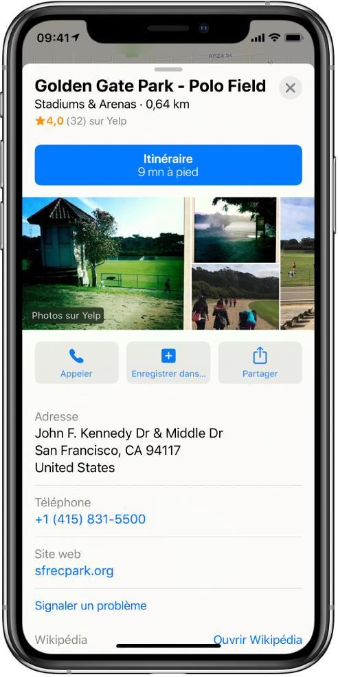 La fiche d’information d’un parc. Un bouton Itinéraire apparait près du haut de la carte. Des photos du parc apparaissent sous le bouton Itinéraire. Sous les photos, de gauche à droite, se trouvent les boutons Appeler, « Enregistrer dans » et Partager. Des informations supplémentaires apparaissent sous les boutons, notamment une adresse, un numéro de téléphone et un lien vers un site web.
