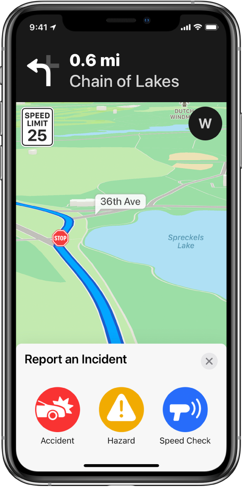 Экранның төменгі жағында Report an Incident деп белгіленген картасы бар карта. Жол картасы Accident, Hazard және Speed Check түймелерін қамтиды.