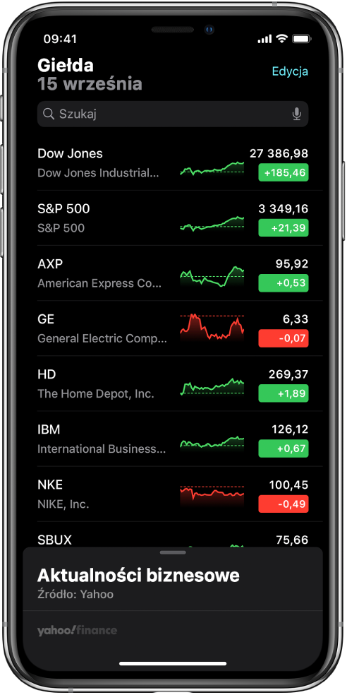 Lista obserwowanych notowań obejmująca różne notowania. Odnośnie każdego notowania na liście wyświetlane są następujące informacje (od lewej do prawej): symbol i nazwa akcji, wykres, kurs oraz zmiana kursu. U góry ekranu, powyżej listy notowań, widoczne jest pole wyszukiwania. Pod listą notowań znajduje się sekcja aktualności biznesowych. Przesuń po niej palcem w górę, aby wyświetlić publikacje.