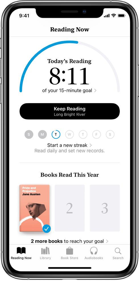 Одељак Reading Goals на картици Reading Now. Бројач читања показује да је постигнуто 10 минута од двадесетоминутног циља. Испод бројача налази се дугме Keep Reading и кружићи који указују на дане у седмици, од недеље до суботе, при чему плаве ивице око кружића означавају напредак у читању за дати дан. При дну странице налазе се корице прочитаних књига Books Read This Year.