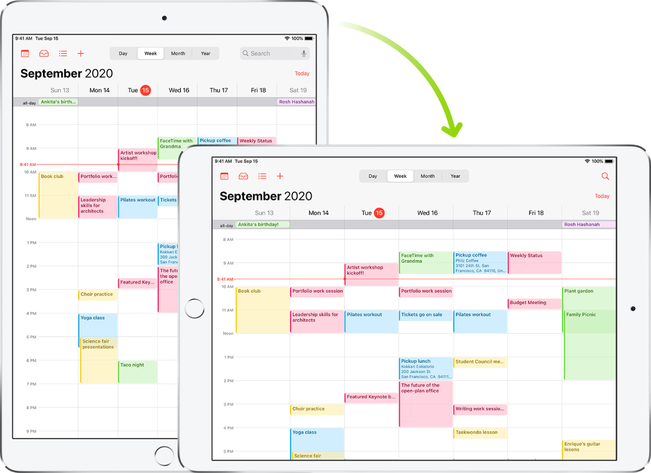 In the background, iPad displays a Calendar screen in portrait orientation; in the foreground, iPad is rotated and shows the Calendar screen in landscape orientation.