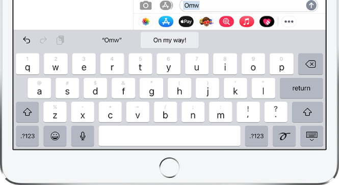 A message with the text shortcut OMW typed in the text field and the phrase “On my way!” suggested below as replacement text.