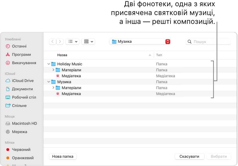 Вікно Finder з кількома бібліотеками, одна — для святкової музики, інші — для решти.