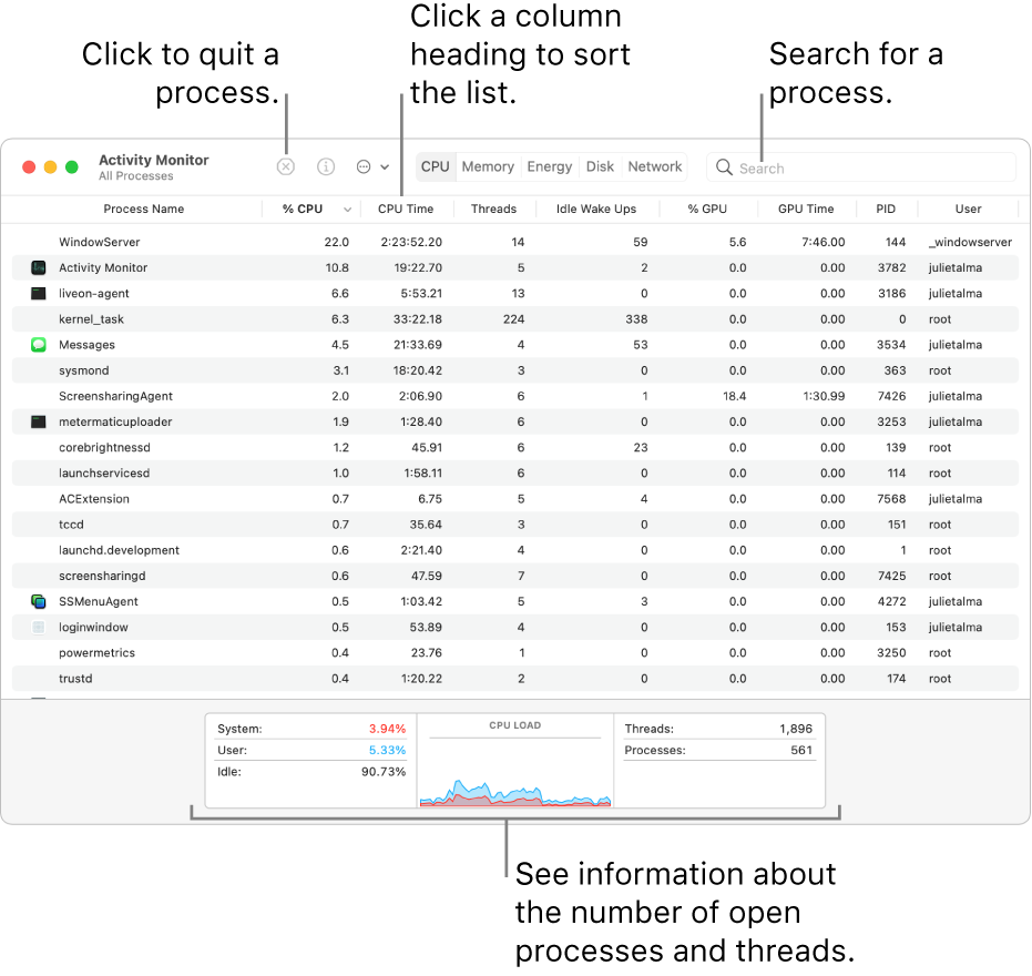 Activity Monitor window showing CPU activity. To quit a process, click the Force Quit button in the upper left. To sort data by a column, click the column heading. To search for a process, enter its name in the search field. At the bottom of the window, see information about the number of open processes and threads.