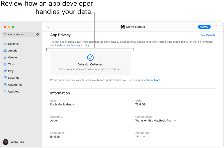 A portion of the main Mac App Store page, showing the privacy policy of the selected app’s developer: Data Used to Track You, Data Linked to You, and Data Not Linked to You.