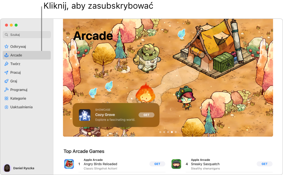 Strona główna Apple Arcade. W panelu po prawej widoczna jest popularna gra, a poniżej widoczne są inne dostępne gry.