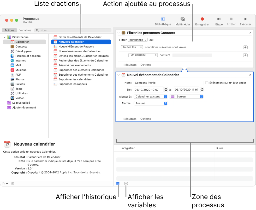 La fenêtre Automator. La bibliothèque s’affiche à l’extrême gauche et contient la liste des apps pour lesquelles Automator propose des actions. L’app Calendrier est sélectionnée dans la liste et les actions disponibles dans Calendrier sont répertoriées dans la colonne de droite. Sur le côté droit de la fenêtre se trouve un processus auquel une action Calendrier a été ajoutée.