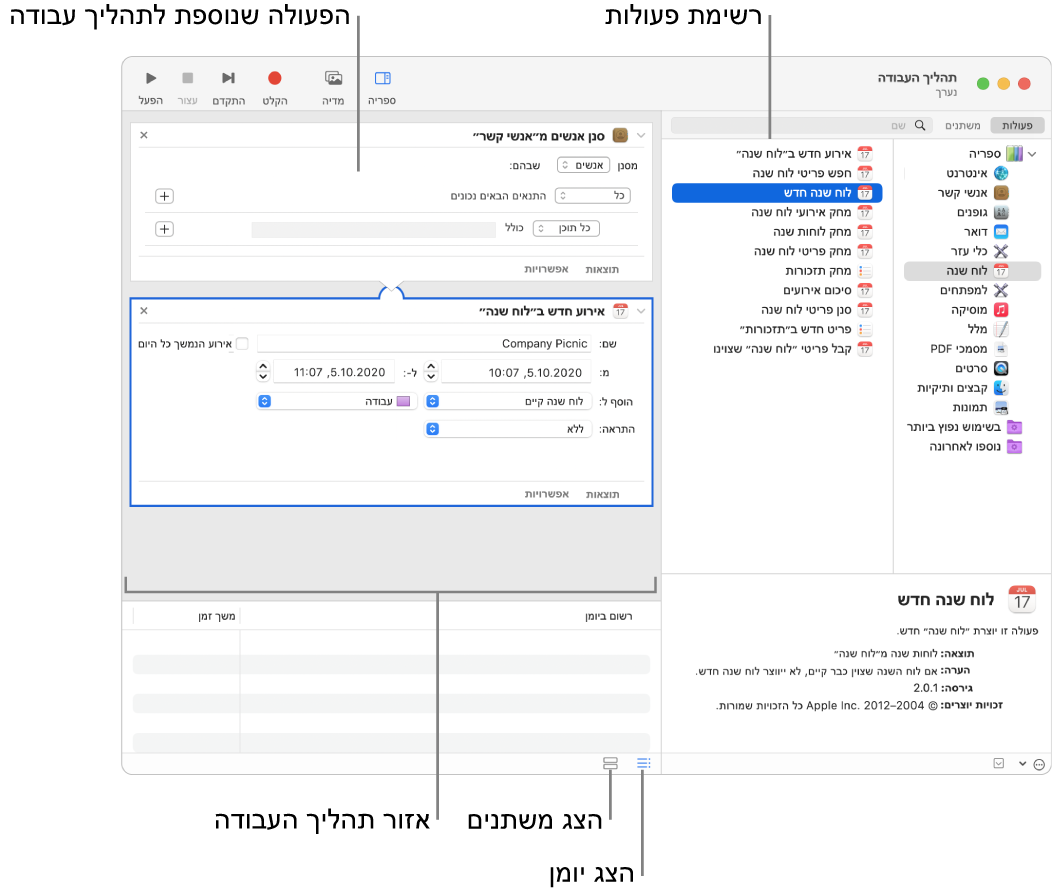 חלון ״Automator״. הספריה מופיעה בקצה הימני, ומכילה רשימת יישומים ש-Automator מספק עבורם פעולות. היישום ״לוח שנה״ נבחר ברשימה, והפעולות הזמינות ב״לוח שנה״ מופיעות בעמודה מצד שמאל. בצד השמאלי של החלון מופיע תהליך עבודה שנוספה לו פעולה של ״לוח שנה״.